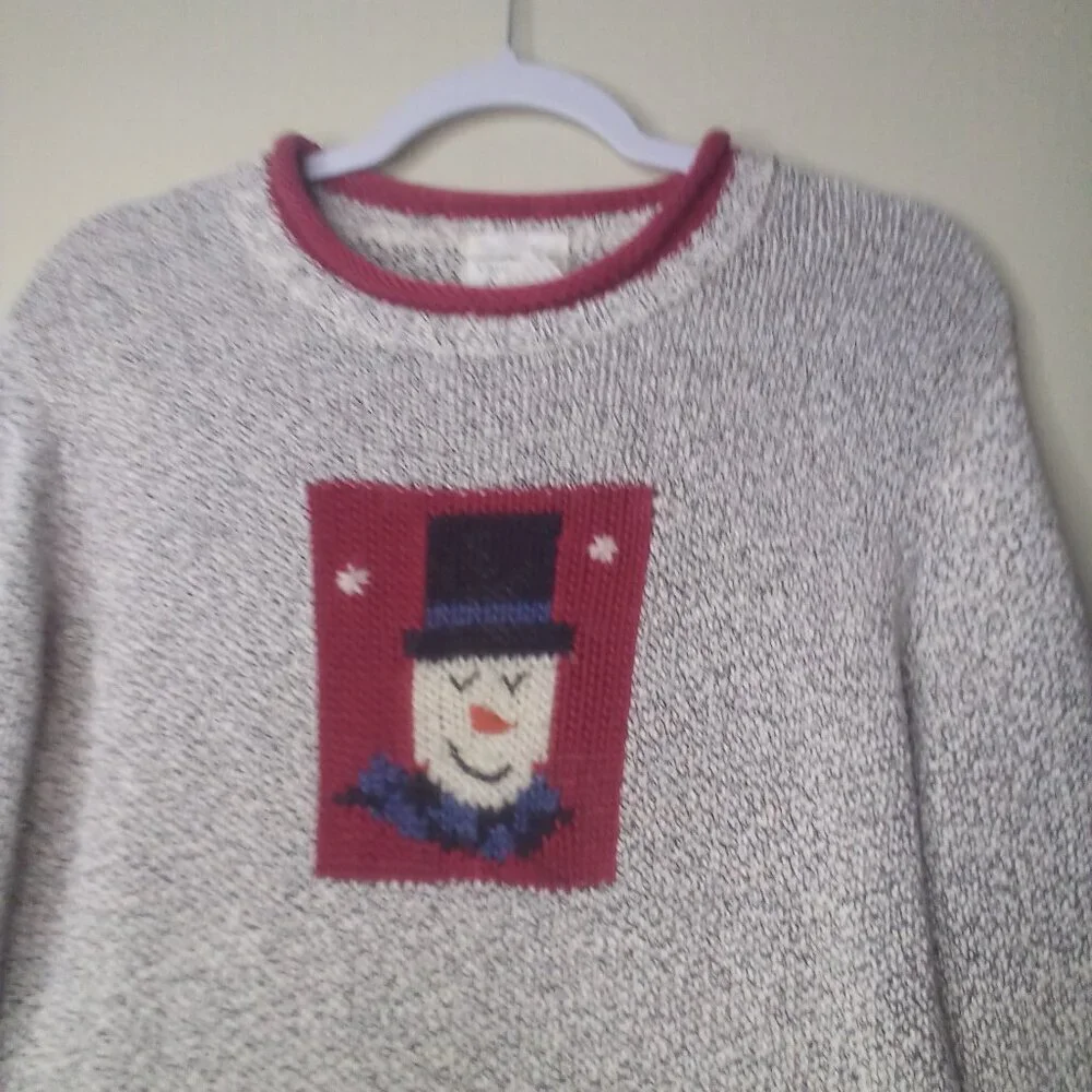 Christopher Banks Sweater S Christmas Holiday Snowman Long Sleeve Hand Embroider